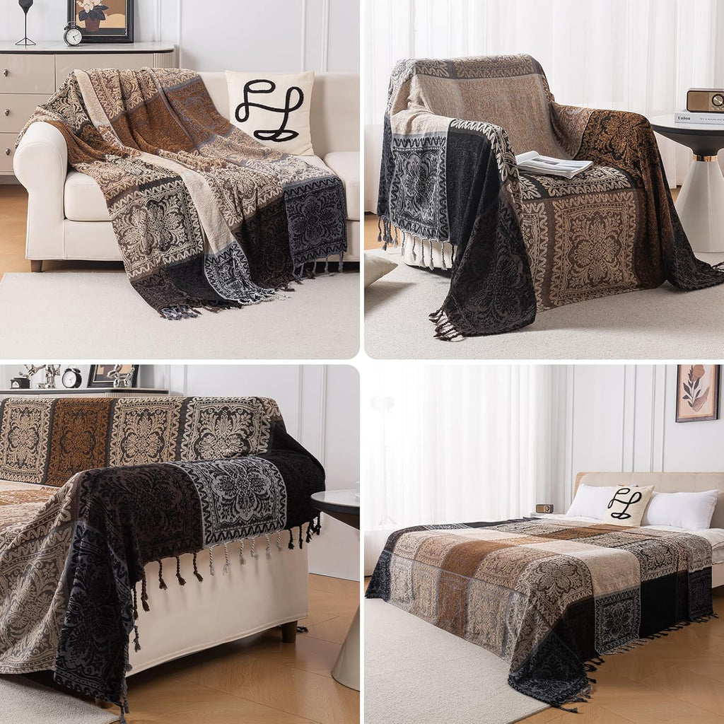 Boho Throw Blanket, Chenille Jacquard Tassels Throw Blankets, S:60x75)
