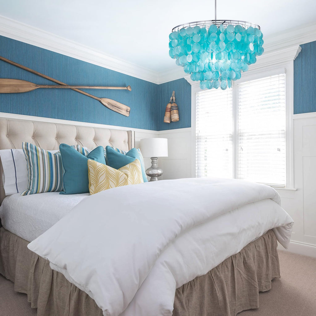Capiz Shell Chandelier, Blue Shell Coastal Chandelier Light Fixture