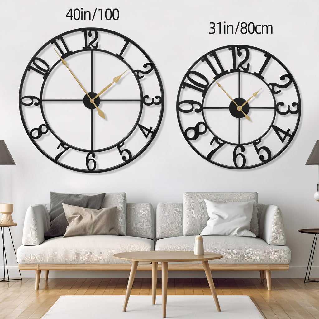 40 Inch Extra Large Wall Clock, Decorative Oversized Arabic Numerals Battery Operated Black Metal Wall Clocks