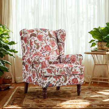 Modern Wingback Accent Chair with Solid Wood Legs and Cushion, Comfy Upholstered Floral Pattern Armchair, Retro
