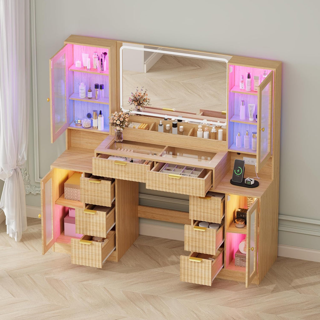 Fluted Makeup Vanity Desk with Mirror and Lights, 55" Glass Top Vanity with 8 Drawers & 4 RGB Glass Cabinets