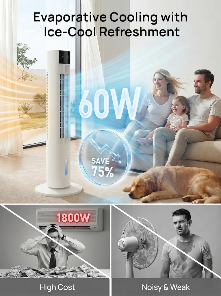 Portable Air Conditioners, 35" Evaporative Air Cooler, 3-In-1 AC Tower Fan That Blows Cold Air, 3 Speeds, 4 Ice Packs