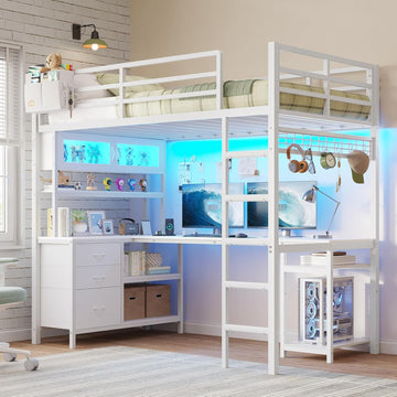 Twin Loft Bed with L-Shaped Gaming Desk, Storage Drawers, Glass Cabinet & Hutch