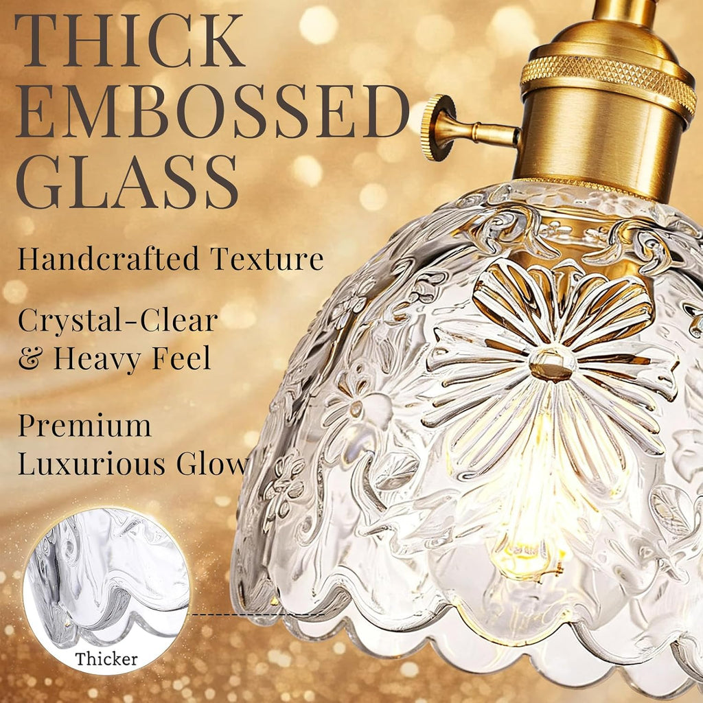 2-Light Bathroom Vanity Light Over Mirror, Brushed Gold Wall Sconce with Clear Floral Glass Shades, Modern Bathroom