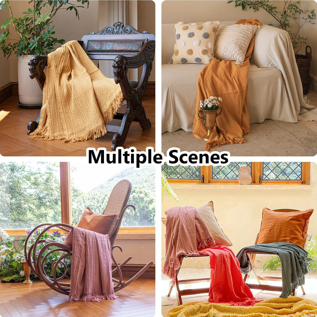 100% Cotton Throw Blanket, Waffle Weave Cable Knit Blanket with Tassels, Soft Lightweight Pre-Washed Breathable Cozy