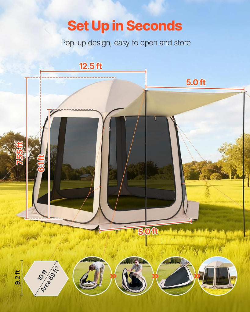 Pop Up Screen House Tent 10 x 9.2 FT Pop-Up Screen Room with Awning, Portable Screen Tent Gazebo for 4-8 Person