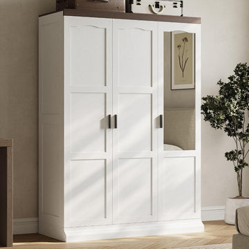 3-Door Armoire Wardrobe Closet with Mirror and 2 Hanging Rods | Long & Short Hanging Zones / 3 Shelf Levels /