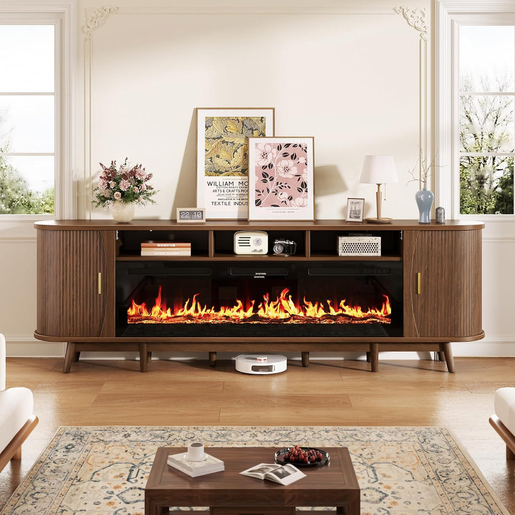 97" Fireplace TV Stand for 100" TV, Mid Century Modern Entertainment Center with 60" Electric Fireplace, Media