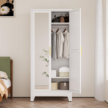 71" H Metal Armoire Wardrobe Closet with Mirror, Adjustable Shelve, Clothes Drying Pole, Steel Wardrobe Cabinet