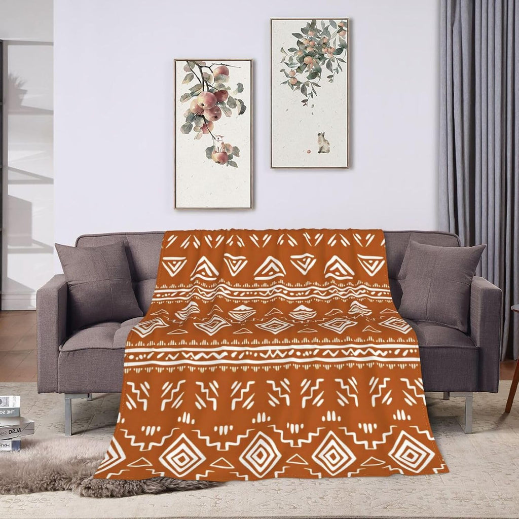 Orange White Retro Boho Tribal Western Modern Throw Blanket Gifts for Women, Soft Fuzzy Warm Cozy Flannel Blankets