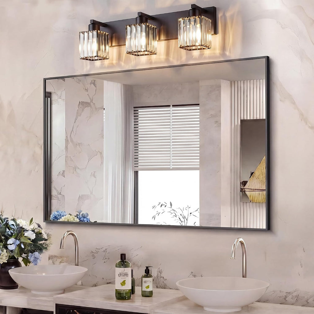 Modern Bathroom Vanity Light, 3-Light K9 Crystal Bathroom Lighting Fixtures Over Mirror, Black Vanity Light with
