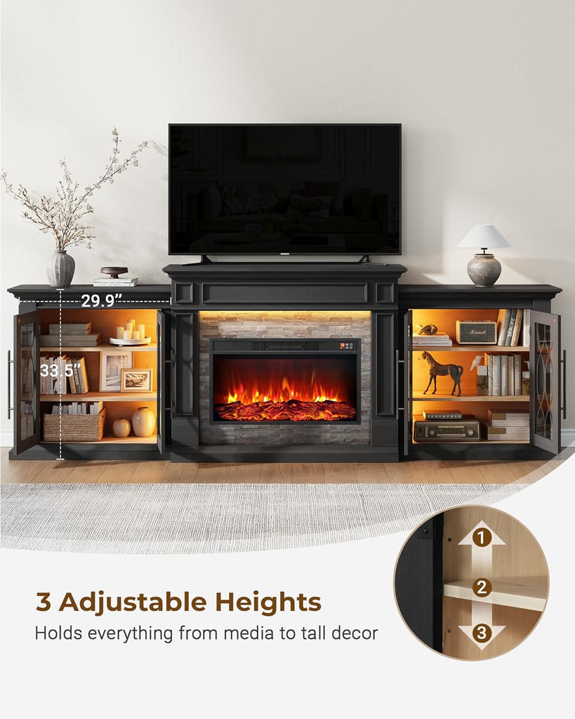 104" Sectional Fireplace TV Stand with LED/Outlet, 3 in 1 Modular | Media Entertainment Center with Storage for TVs