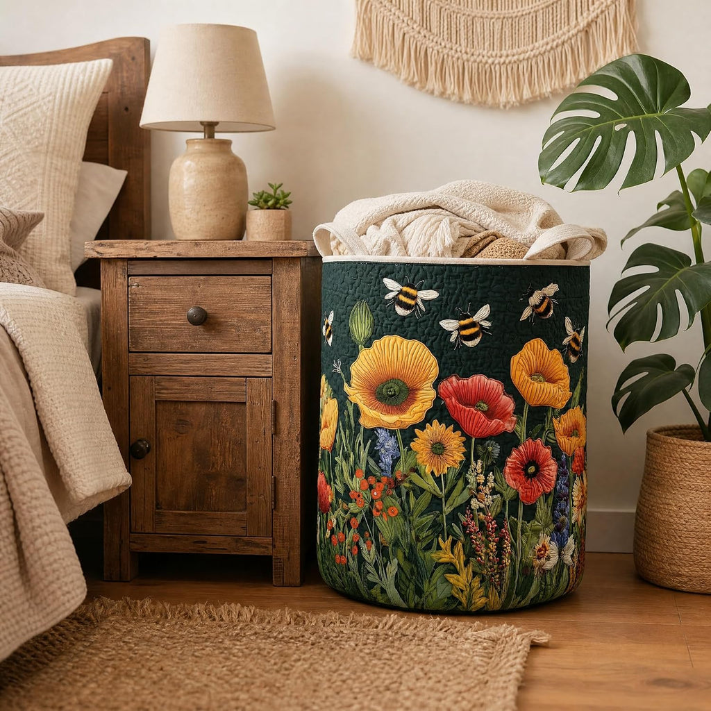 Quilted Laundry Basket with Handles, Boho Floral Quilted Storage Hamper, Large Capacity Laundry Hamper Bedroom
