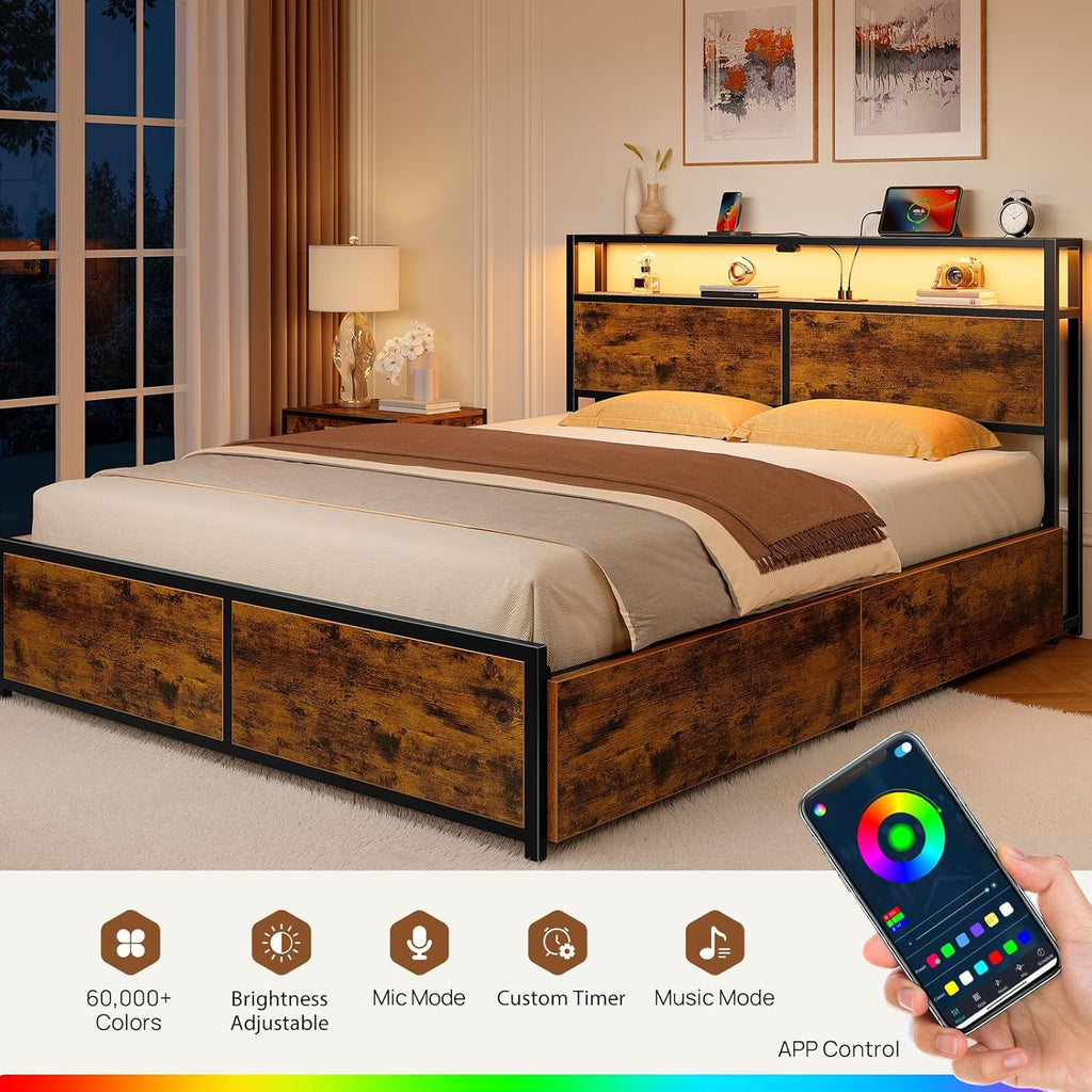 Full Bed Frame with 4 Storage Drawers, Charging Station and LED Lights