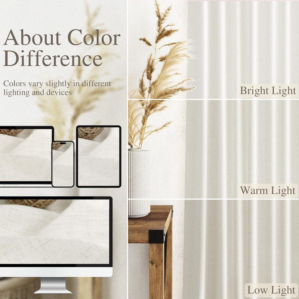 Pinch Pleated Linen Curtains Semi Sheer 2 Panels Natural Cream Curtain for Rustic Farmhouse Back Tab