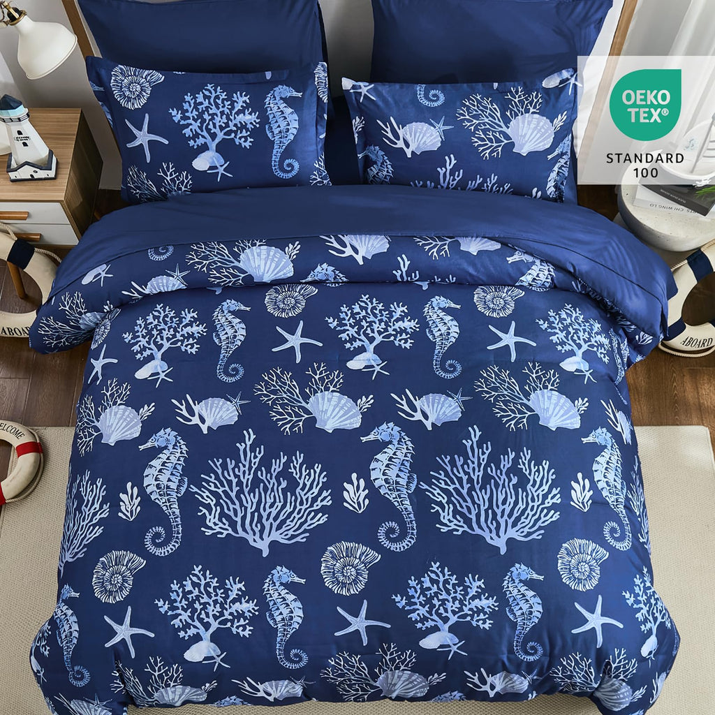 Coastal Queen Size Comforter Set 7 Piece, Soft Beach Themed Comforter Ocean Nautical Navy Bedding Sets for All Season