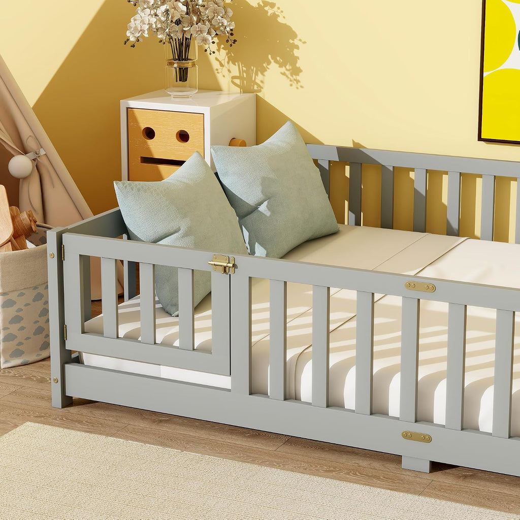 Full Size Montessori Floor Bed with Slats, Door and Guardrails, Gary | Low Profile Montessori Bed with Fence, Easy