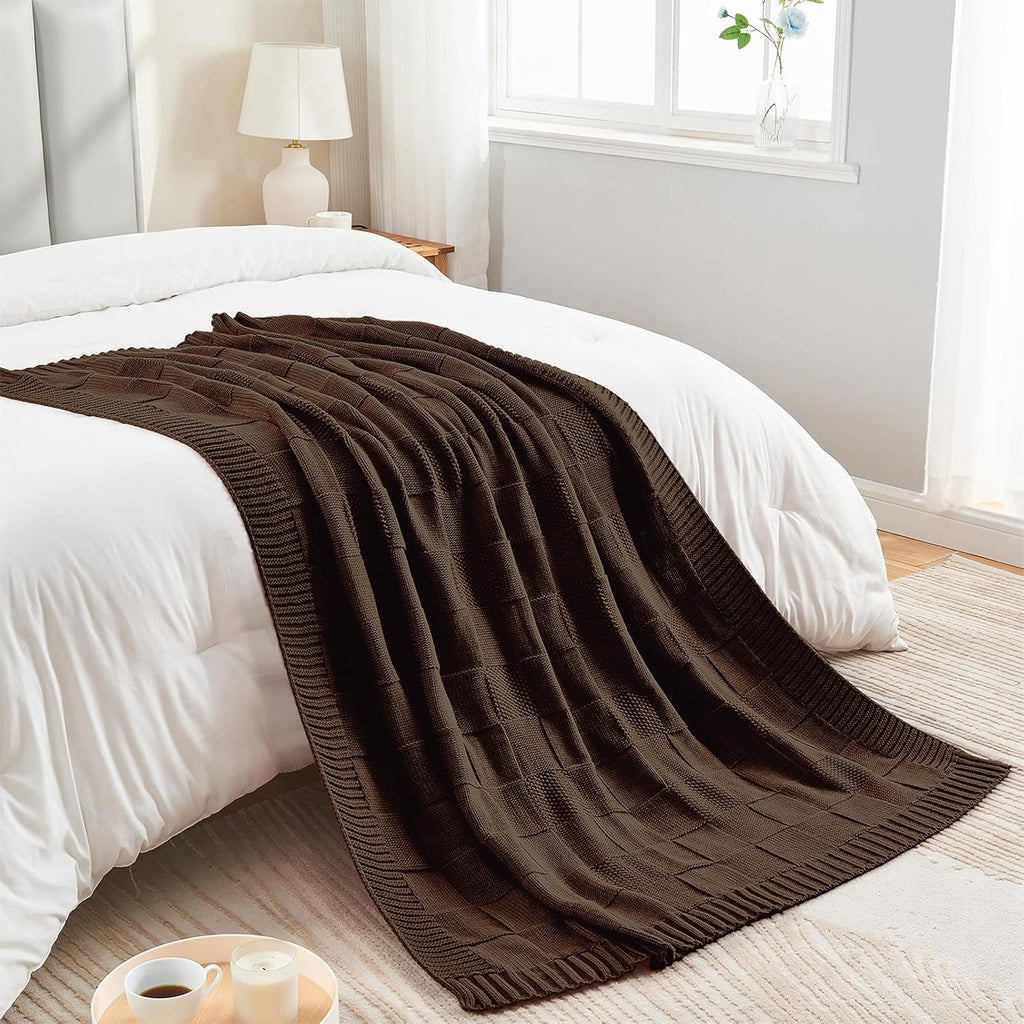 Check Knit Throw Blanket, Dark Brown Checkered Throw, Decorative Christmas Soft Cozy Warm Knitted Blanket, 50"X60"