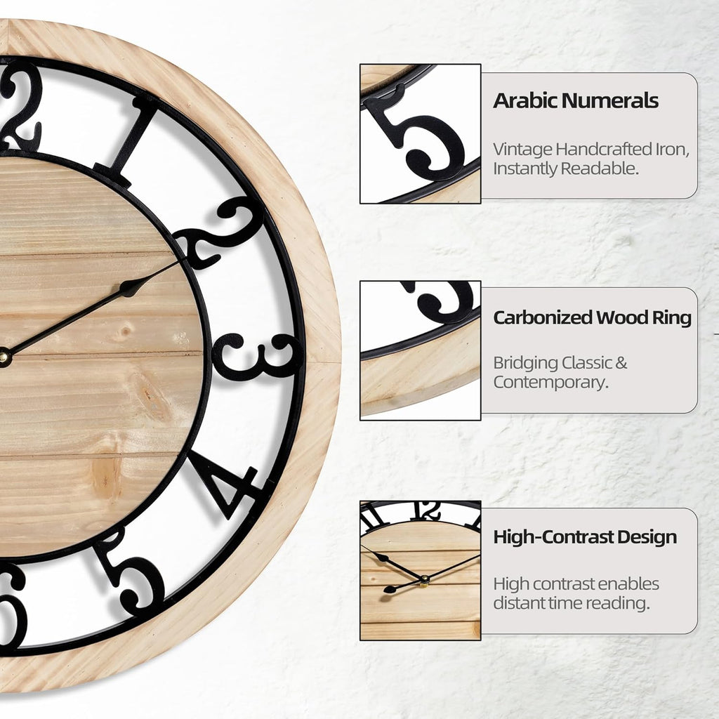 20 Inch Large Wall Clock - Rustic Wooden Silent Non-Ticking Wall Clock with Black Metal Frame