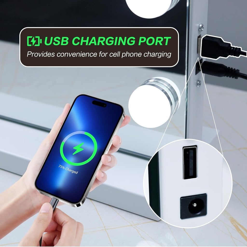 Vanity Mirror with Lights Lighted Makeup Mirror with 15 Dimmable LED Bulbs,3 Color Lighting Modes,USB Charging Port