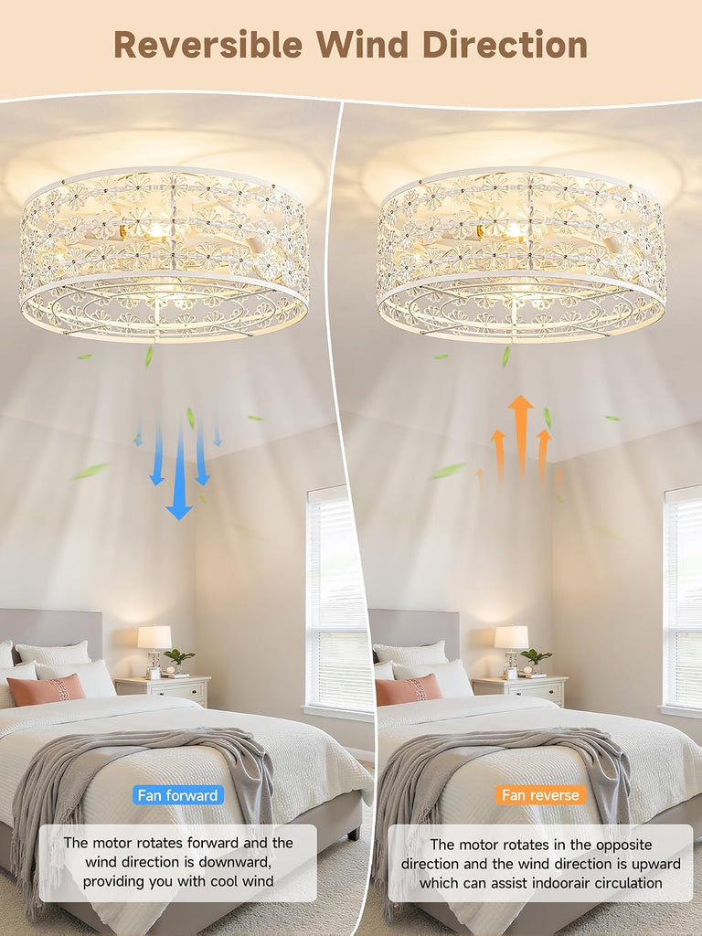 White Caged Ceiling Fan with Light and Remote, Modern Romantic Flower Crystal Ceiling Fans with Lights
