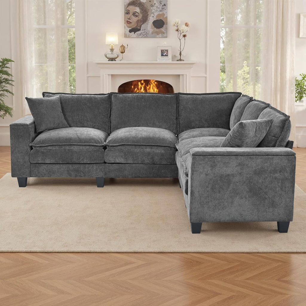 97" 5 Seater L Shaped Couch Corner Sofa, Oversized Cloud Couch with 2 Pillows Chenille Modular Sectional Sofa