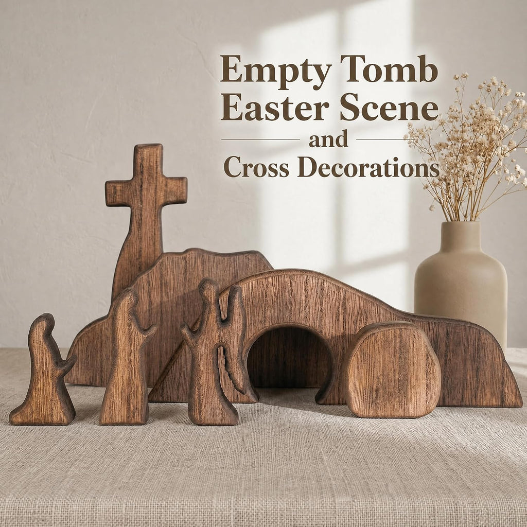 Empty Tomb Easter Scene and Cross Decoration, Wooden Jesus Resurrection Nativity Set, Religious Christian Tabletop - Set of 7