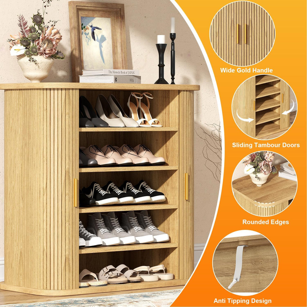 5-Tier Sliding Door Shoe Cabinet, Adjustable Shelves Wooden Shoe Storage with Gold Handle, Mid-Century Modern