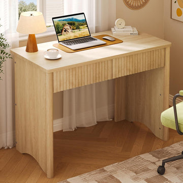 Fluted Computer Desk with 2 Drawers, 40 Inch Small Wooden Writing Study Work Desk, Computer Table
