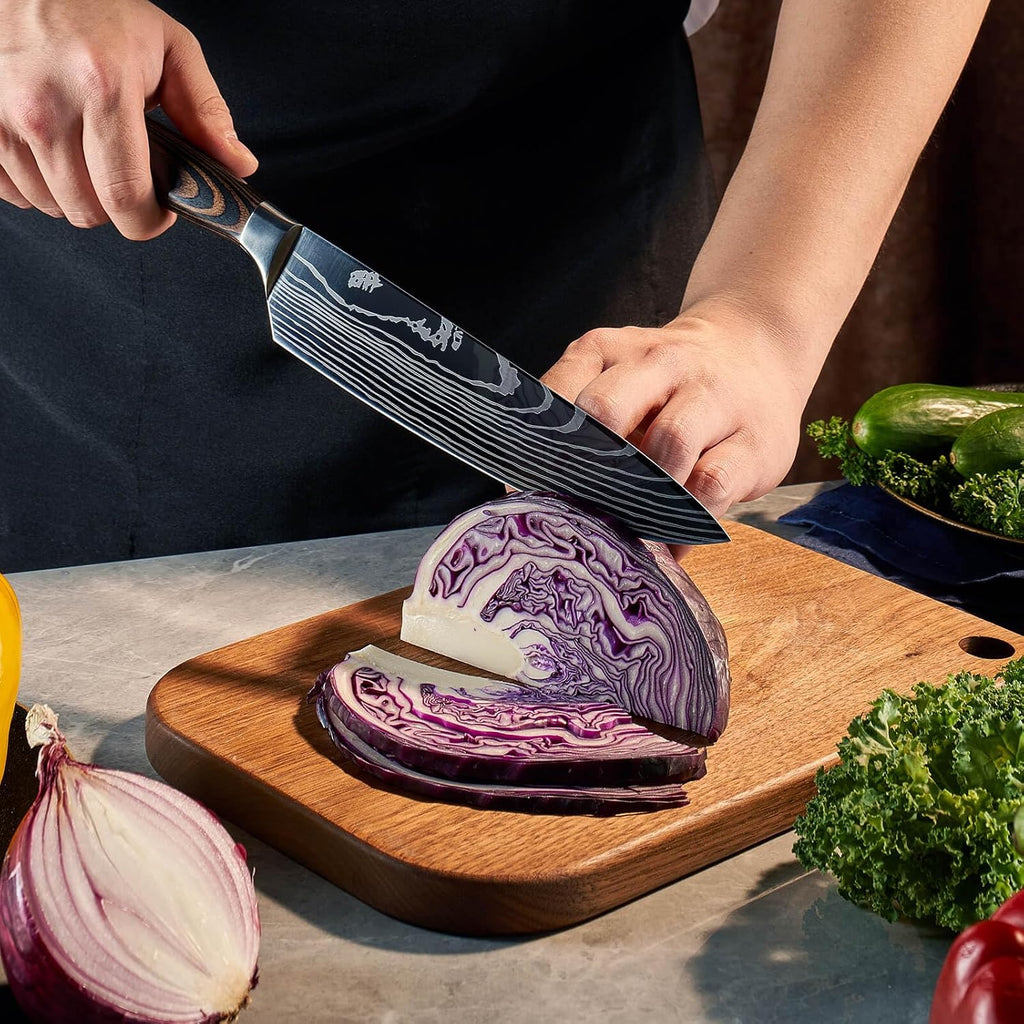 8-piece Premium Japanese Kitchen Knife Set with Laser Damascus Pattern - Imperial Collection - Chef's Knife, Santoku