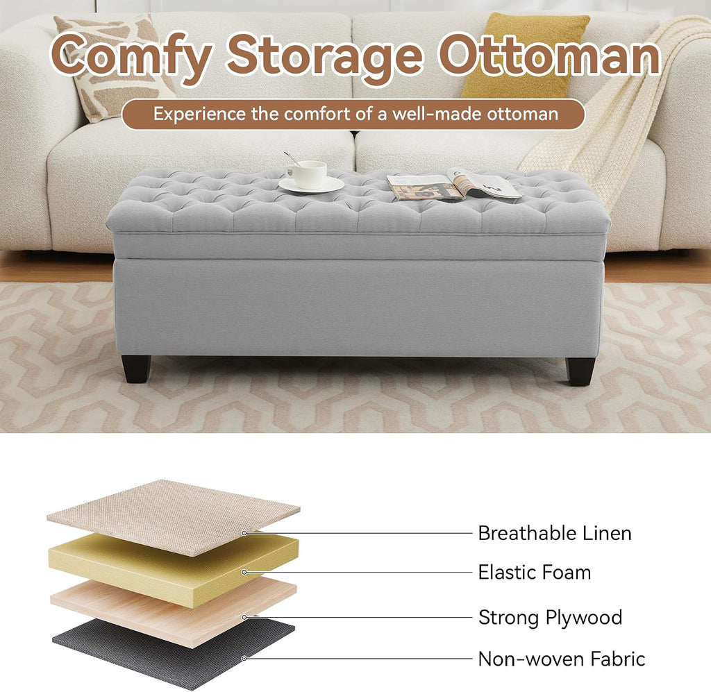 51" Fabric Storage Ottoman Bench, Upholstered Rectangle End of Bed Storage Ottoman Tufted Living Room Bedroom Bench