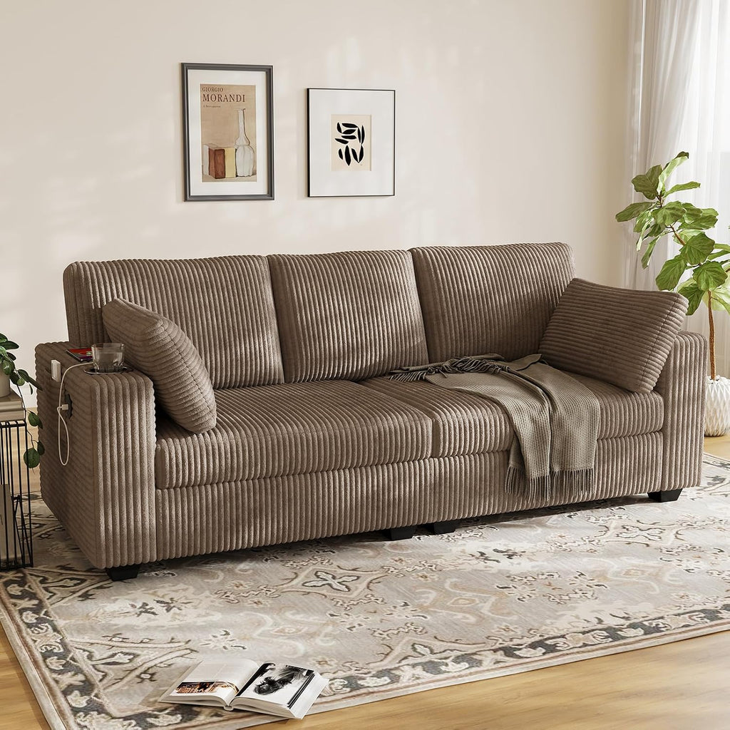 80" Loveseat Sofa ,Modern Sofa with USB Charging Ports & Cup Holders,Comfy Corduroy Couch with Upholstered Cushion,3