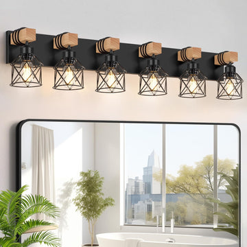 6-Light Bathroom Vanity Light, Bathroom Wall Lamps Over Mirror | Rustic Wood & Black Metal Shade, Wood Black Vanity