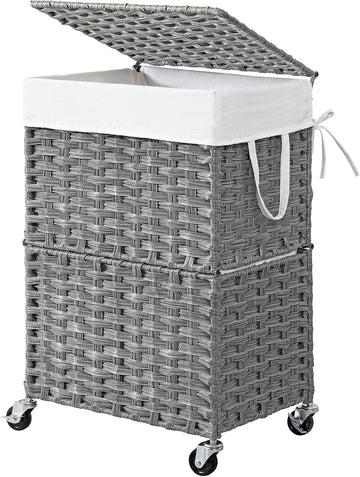 Wicker Laundry Basket with Wheels,Rolling Laundry Hamper with Lid | 90L Slim Clothes Hamper with Wheels & Removable