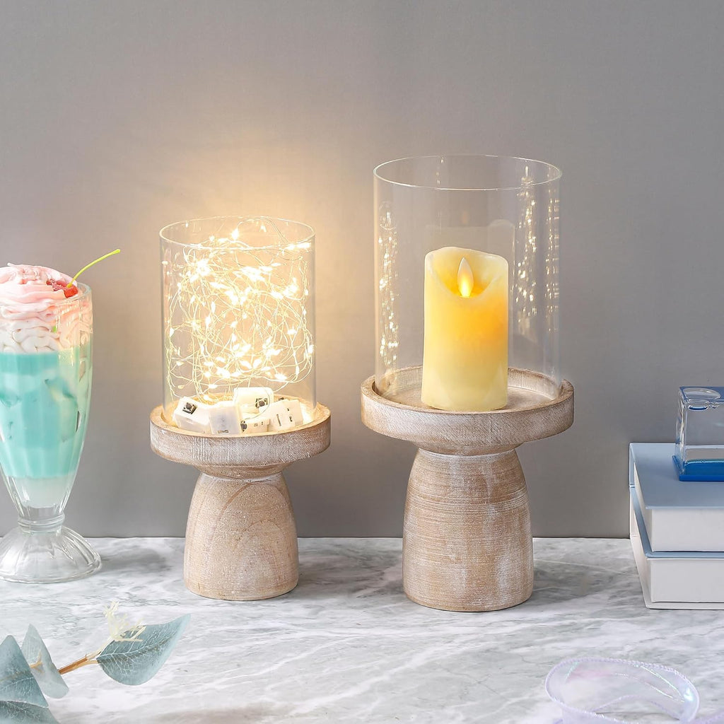 4" & 5" Glass Hurricane Candle Holders with Distressed Brown Solid Wooden Base in Set of 2, Decorative Centerpiece