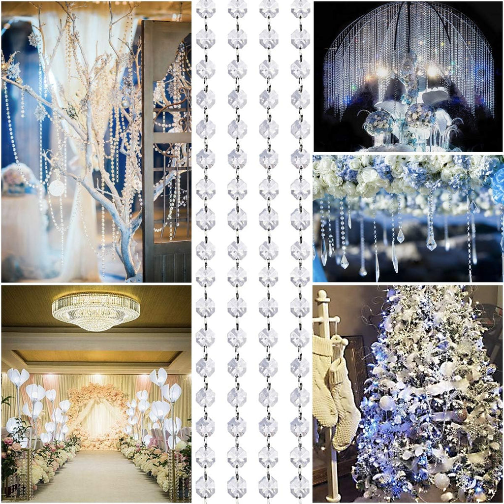 33ft K9 Glass Crystal Garland Strands - Hanging Chandelier Gem Bead Chain - 14mm Clear Octagon Prism Diamond String