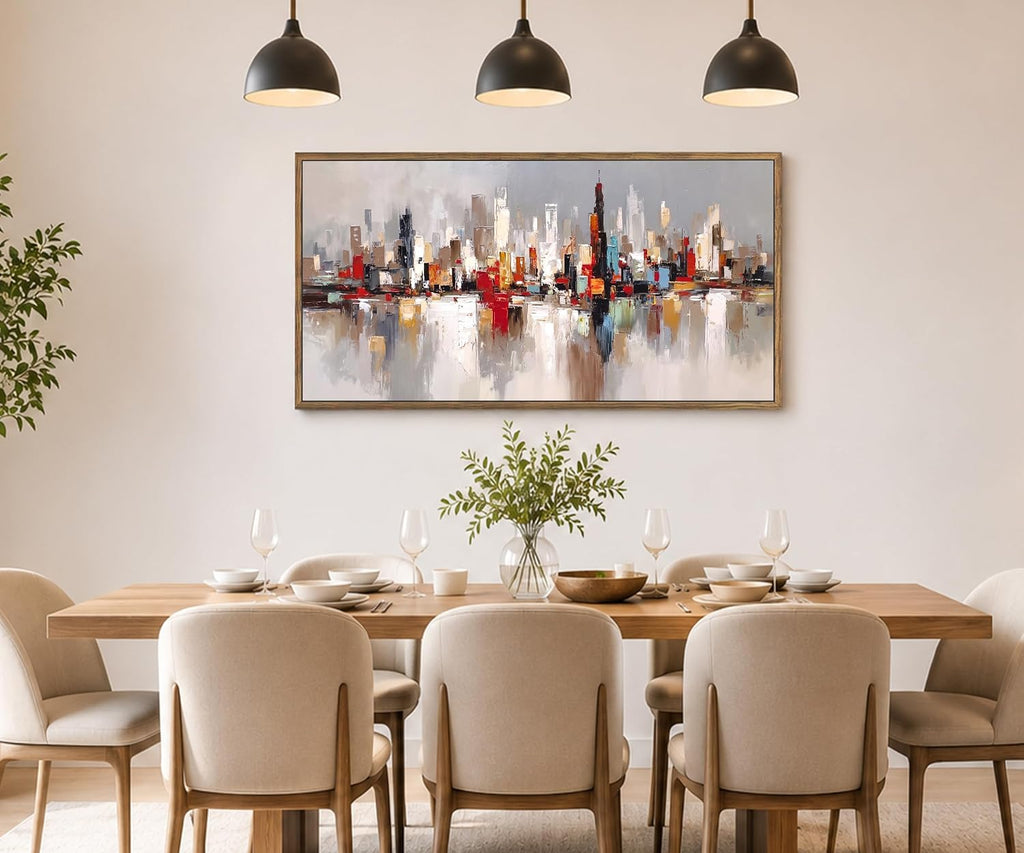 Large Modern Cityscape Wall Art, Framed Abstract Skyline Canvas Artwork, Contemporary Urban Decor Bedroom Office