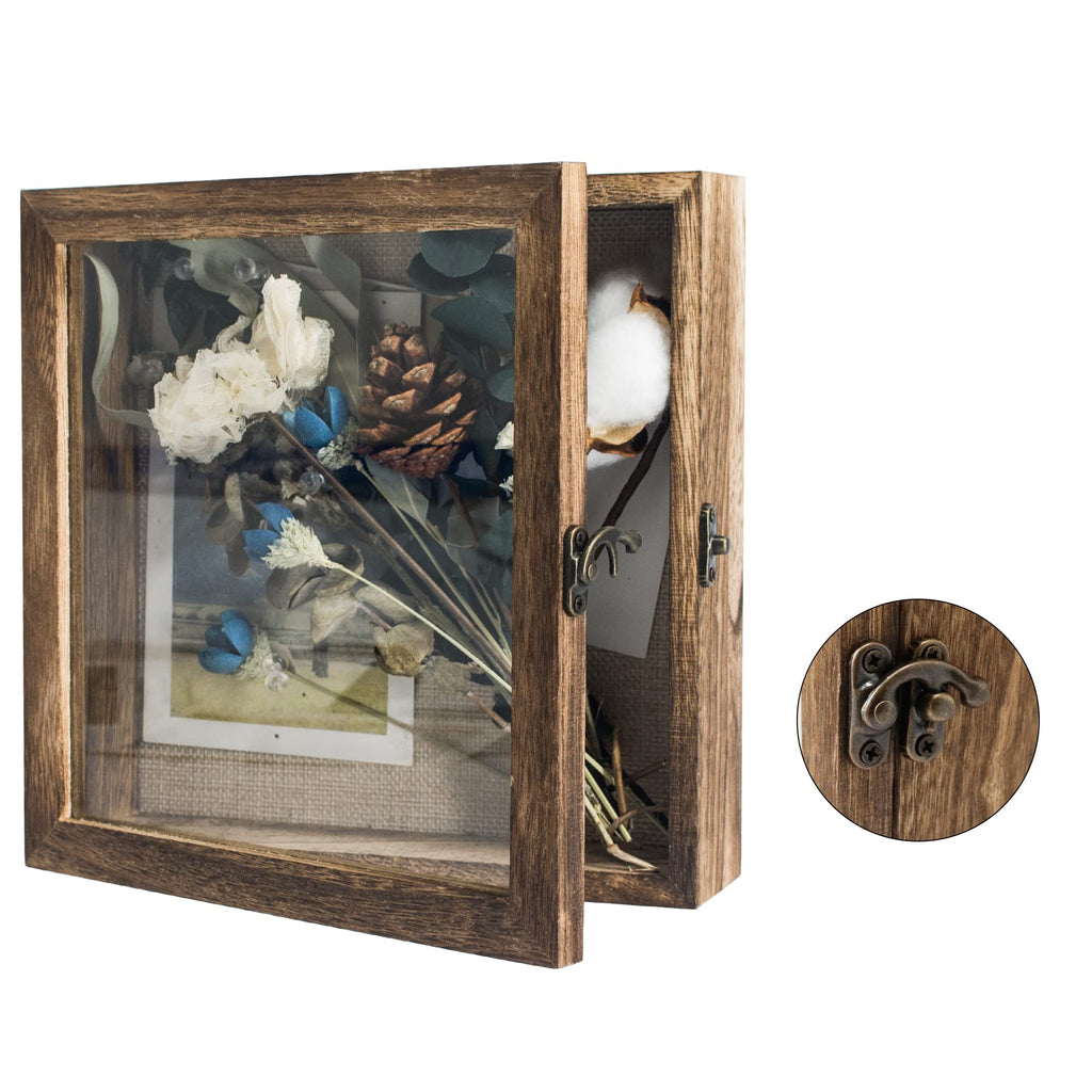 Shadow Box Frame 8x8 Display Case with Linen Back, Real Glass Window Door with Hinge, Picture Frame Wedding Bouquet