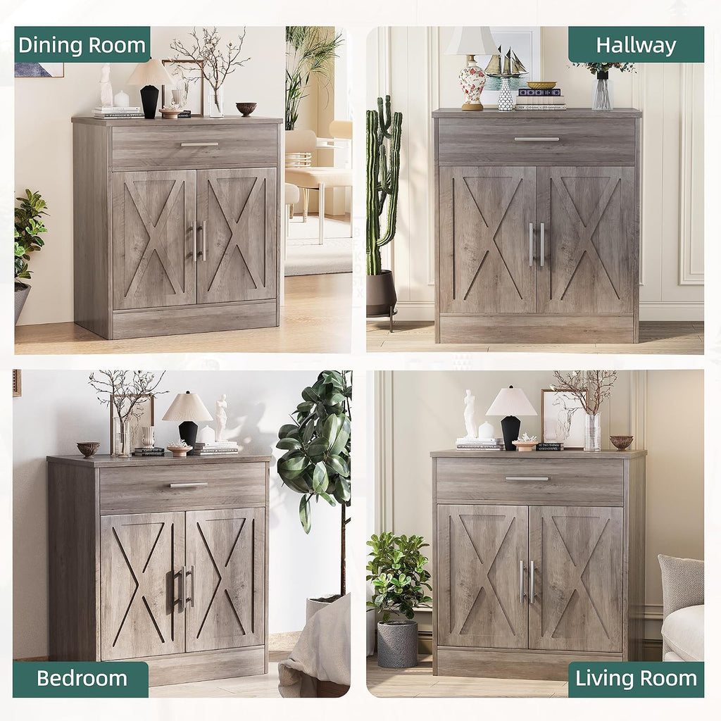 Farmhouse Storage Cabinets with Doors and Shelves,Kitchen Barn Door Storage Cabinet with Drawers,Coffee Bar Cabinet