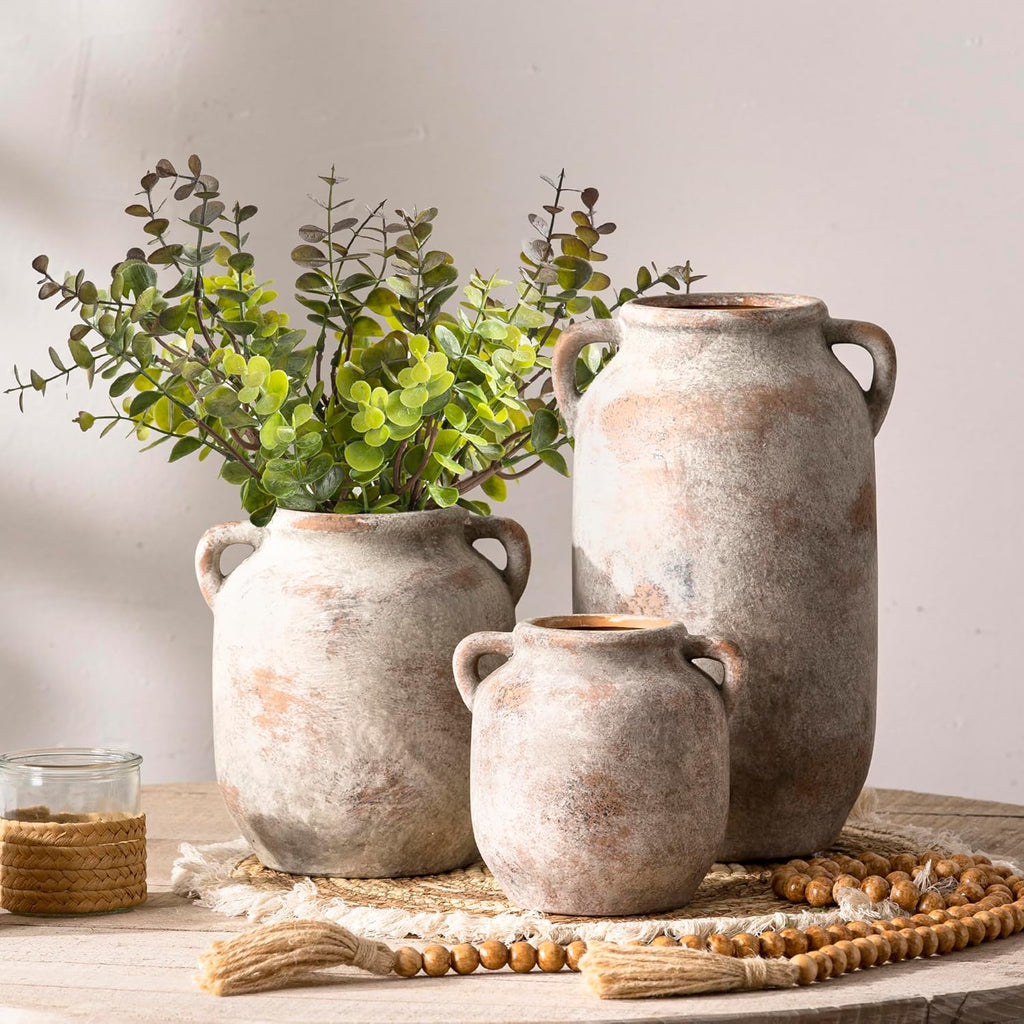 Ceramic Flower Vase Home Decor - 7.6 Inch Farmhouse Rustic Table Vases with Handle Living Room Decoration Decorative