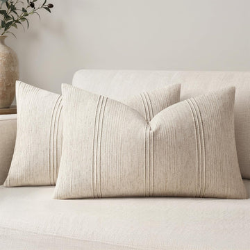 Lumbar Striped Throw Pillow Covers 12x20 Beige 2 Pack