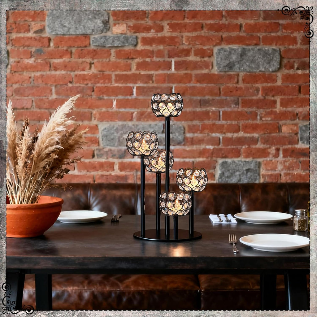 5-Arm Crystal Tealight Candelabra Centerpiece, 14.8 Inch Metal Candle Holder for Table Decor, Wedding, Christmas