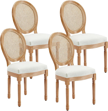 French Country Rattan Dining Chairs Set of 4, Upholstered Farmhouse Dining Chairs with Round Back and Linen Fabric, Mid-Century Style