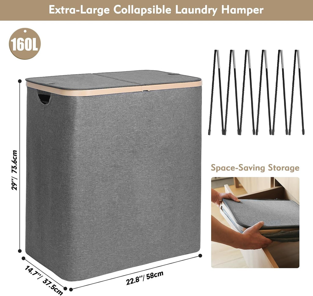 160L Double Laundry Basket Hamper with Lid & Removable Bags, Grey | Extra large 2-section collapsible clothes hamper
