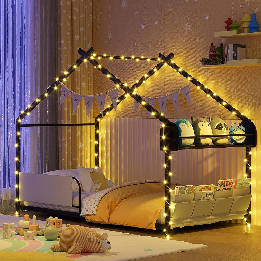 Twin Size House Bed with Storage Rack and Caddy | Montessori House Shape Bed Metal Floor Bedframe for Kids No Box
