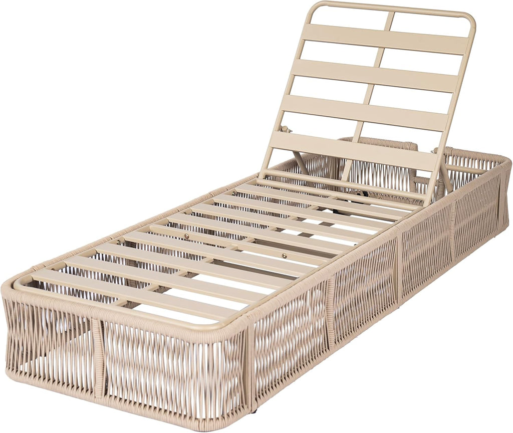 Patio Chaise Lounge with Woven Rope Base, Adjustable Sunlounge Without Cushion, Beige and White
