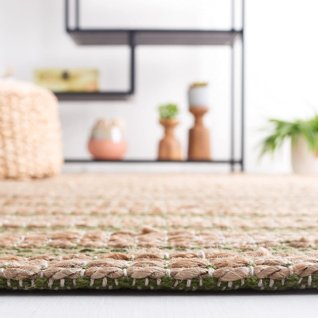 Natural Fiber Area Rug - 9' x 12', Green & Natural, Handmade Boho Farmhouse Rustic Jute & Cotton Jute