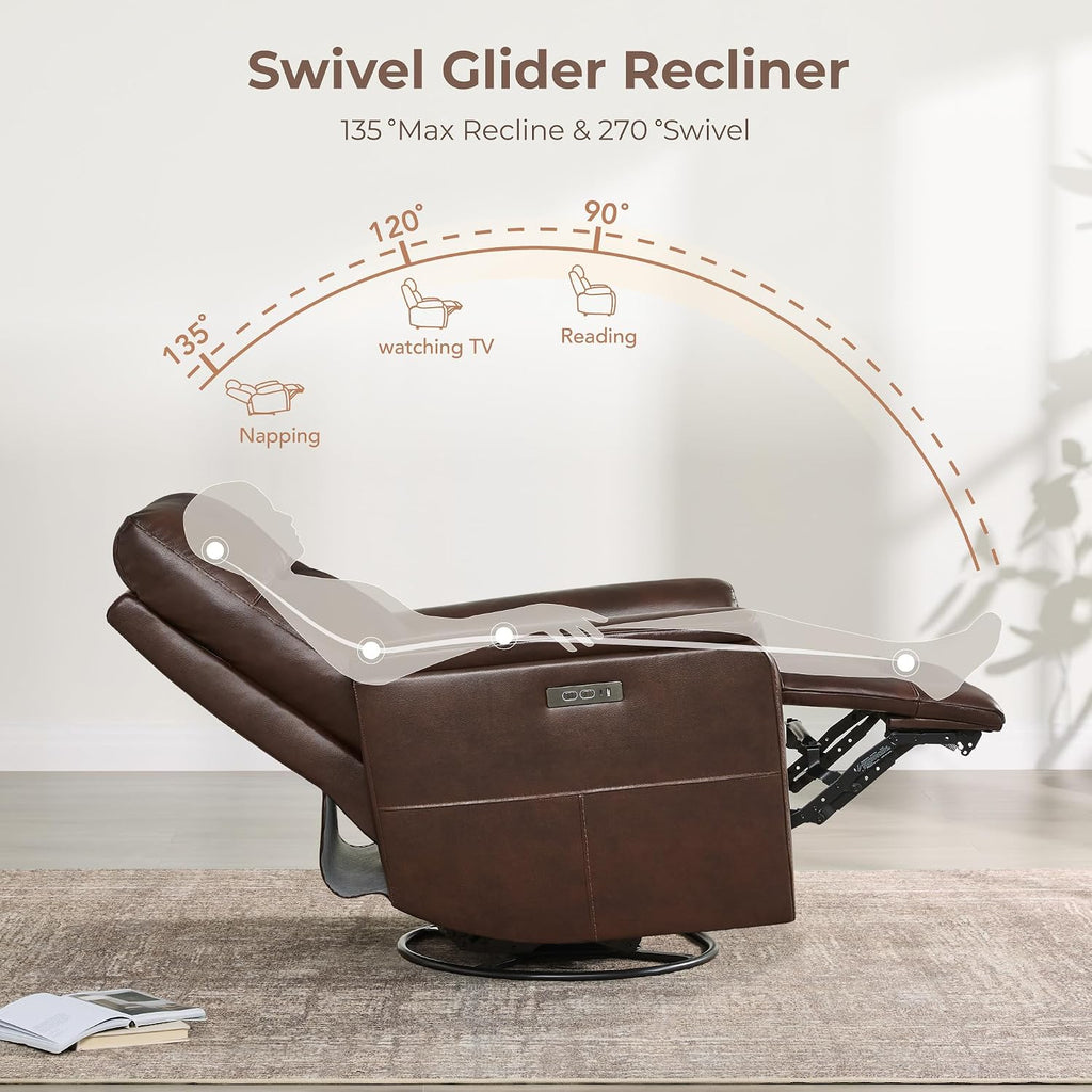 Genuine Leather Swivel Recliner Chairs for Adults, Electric Glider Rocker W Power Headrest USB-C Charger , Brown