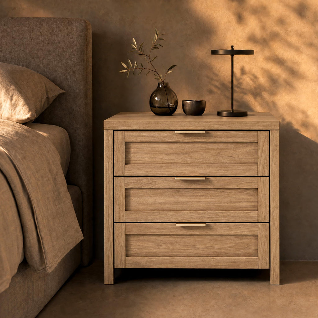Nightstand, 3 Drawer Bedside Table, Weathered Oak