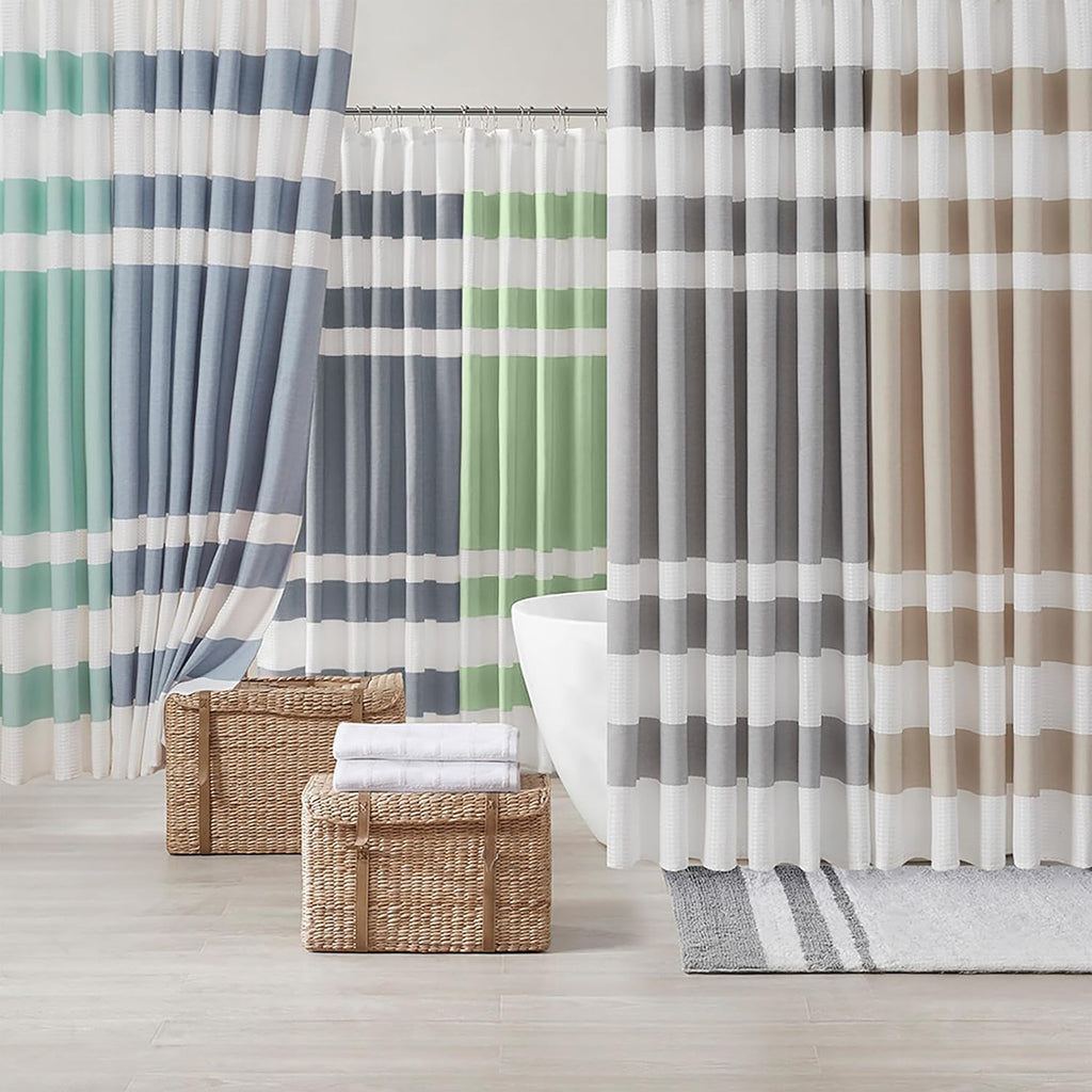 Spa Waffle Shower Curtain , 72 x 72, Taupe | Striped, Pieced Fabric Design, 3M Scotchgard Moisture Management, Hotel